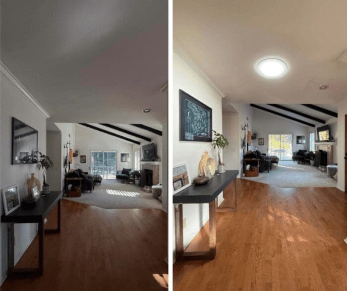 A before and after transformation image of an entry way using Solatube tubular skylights