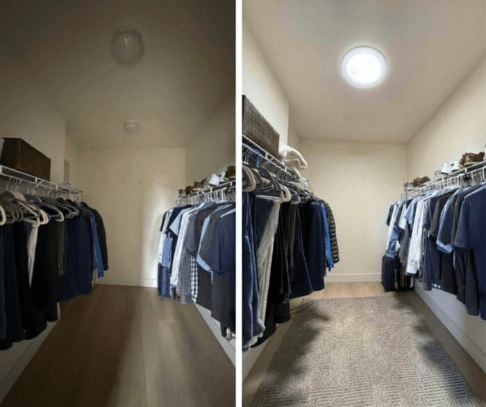 A before and after transformation image of a closet using Solatube tubular skylights