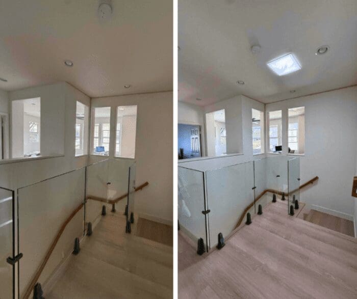 A before and after transformation image of a stairwell using Solatube tubular skylights