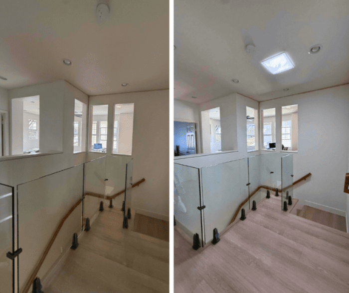 A before and after transformation image of a stairwell using Solatube tubular skylights