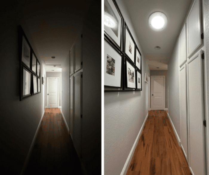 A before and after transformation image of a hallway using Solatube tubular skylights