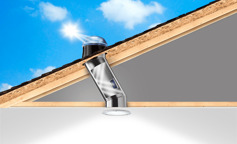 An image of how a Solatube tubuar skylight transfer daylight from the roof to the interior of the home