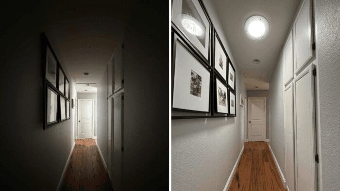 A before and after transformation image of a hallway using Solatube tubular skylights