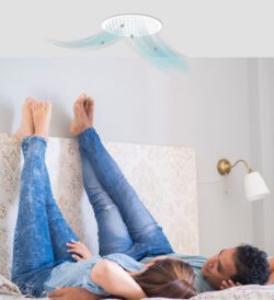 A couple laying on a bed with a whole house fan blowing on them